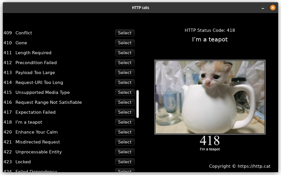 A list of HTTP status codes, with 'Select' buttons. HTTP code 418 'I'm a teapot' is selected, with a picture of a kitten hiding in a teapot.