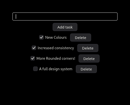 A todo list app, with items referring to aspects of the new design language, namely 'New Colours', 'Increased Consistency', and 'More Rounded Corners'. The item labelled 'A full design system' is unchecked.