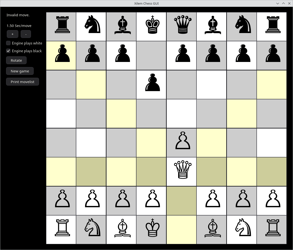 A chess board, with several controls to the left. The white queen is highlighted, and all its valid moves are also highlighted.