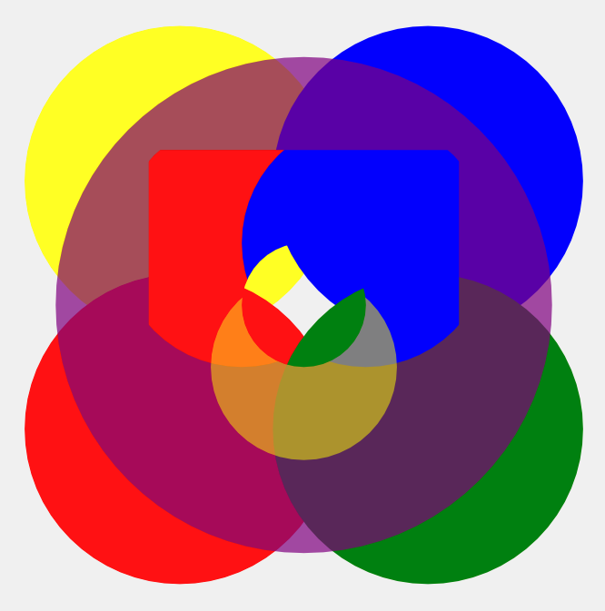 A series of overlapping shapes of various colours, variously composited.
