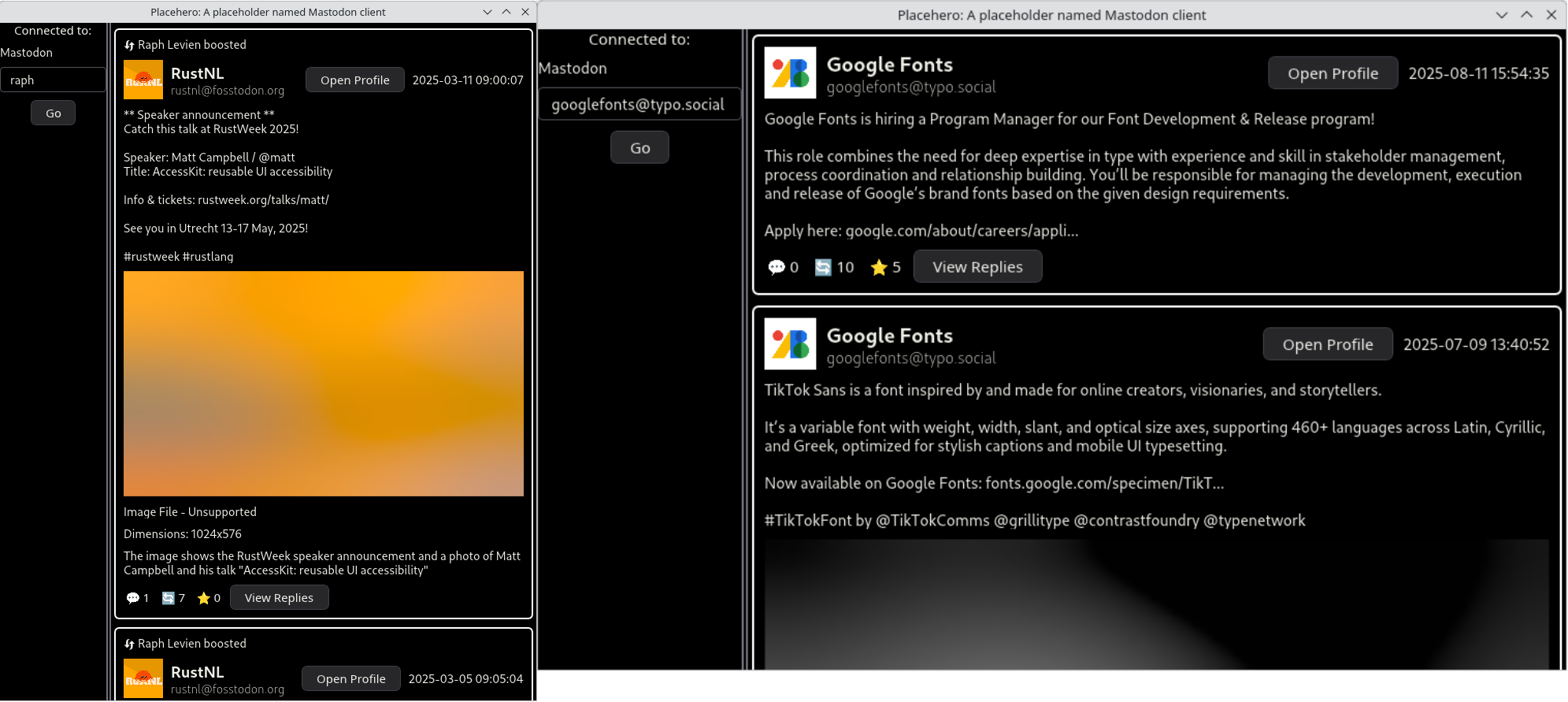 Two screenshots of a Mastodon app. Left shows the post announcing Matt Campbell's RustWeek 2025 talk, including a very low detail image with alt text shown below. The right screen shows posts from googlefonts@typo.social, which was entered in a box in the left sidebar of the app.