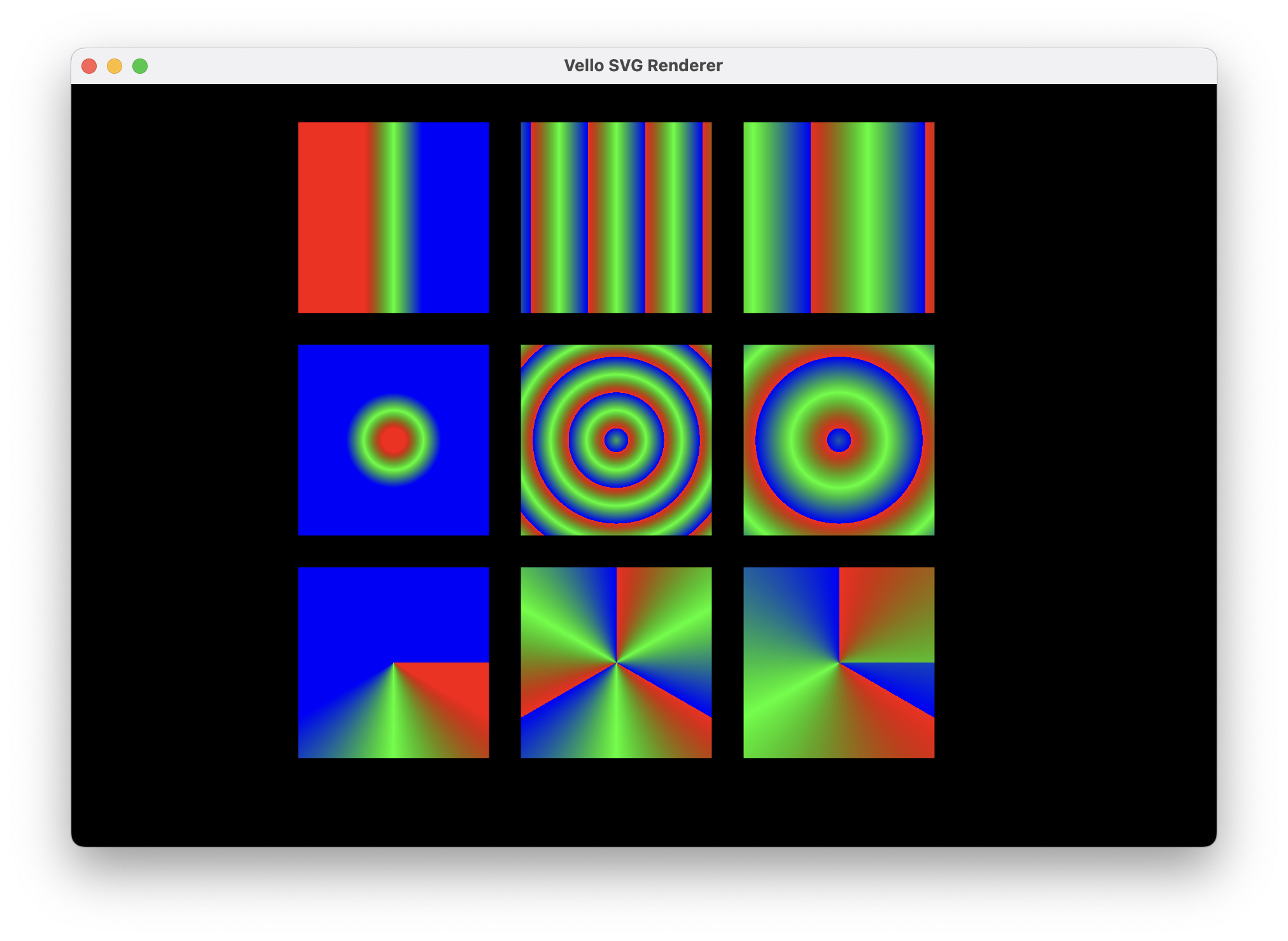 A grid of different gradient types. The top row is linear gradients, the middle row is radial, and the bottom row is sweep. The left column is extend, the middle column is reflect, and the right column is repeat.