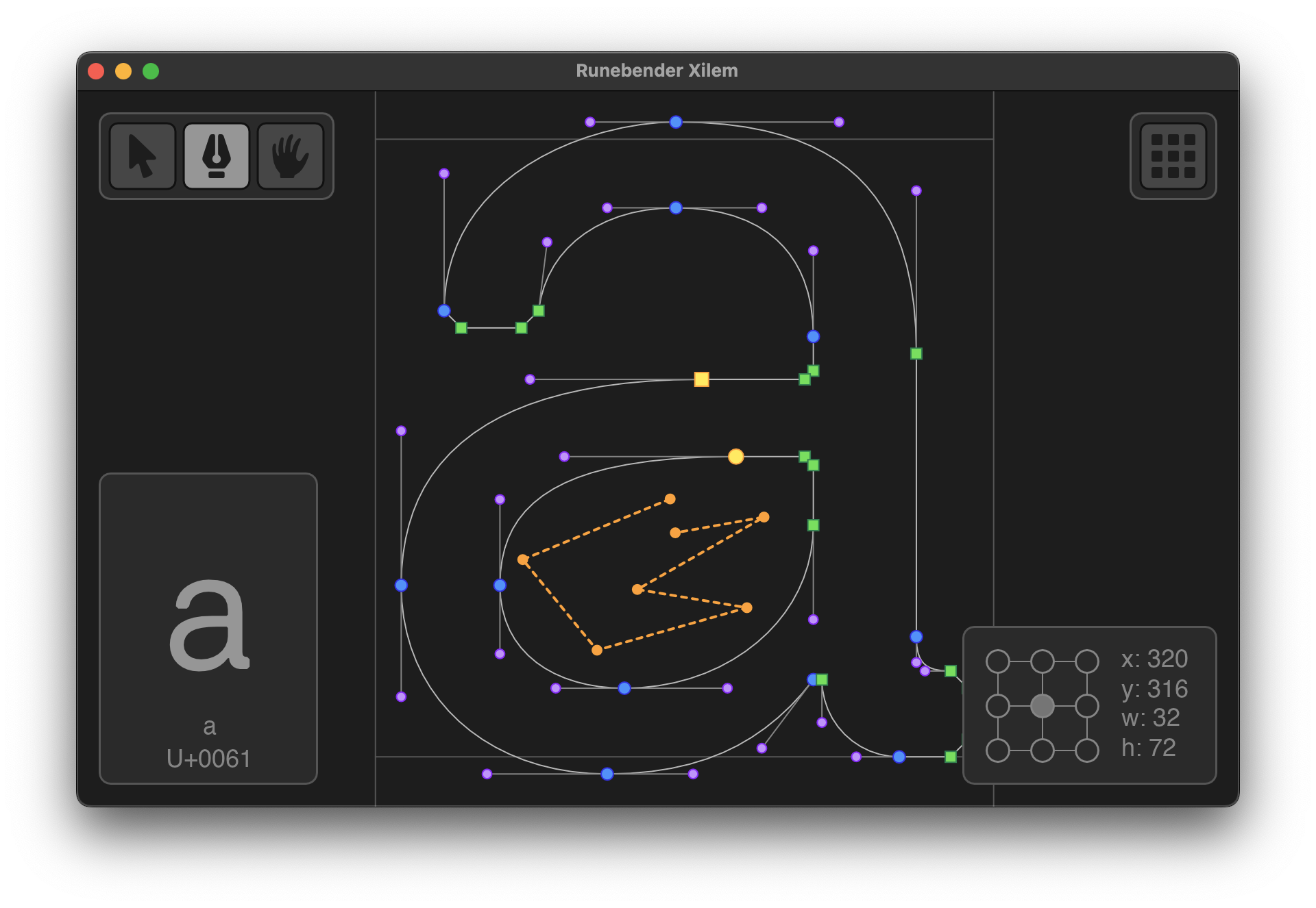A screenshot of the Runebender font editor showing the letter a being edited.