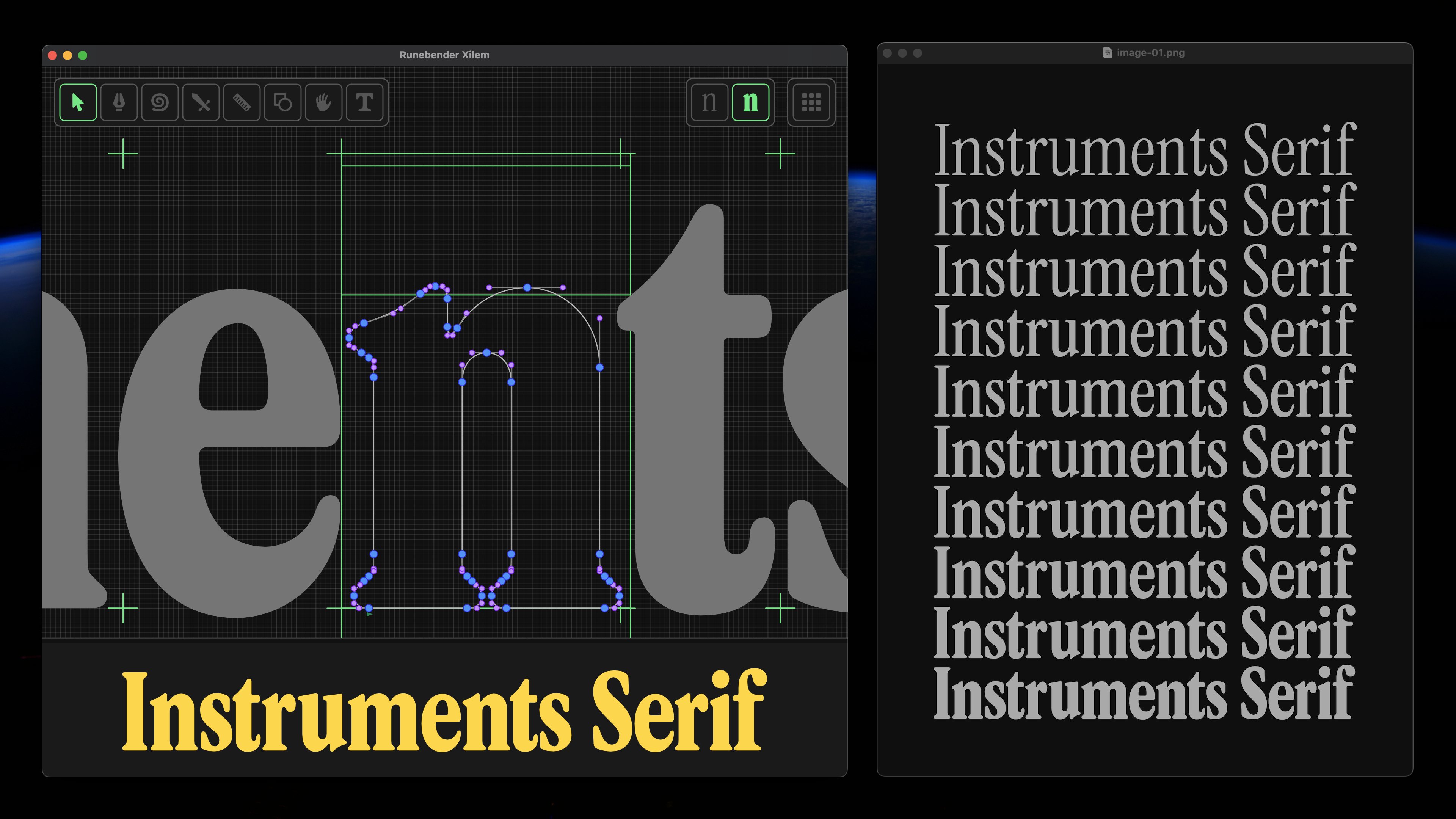 A screenshot of Runebender.
On the left is a Bézier path of a lowercase n being edited in a string, and on the right is an image showing many weights of the Instrument Serif font.