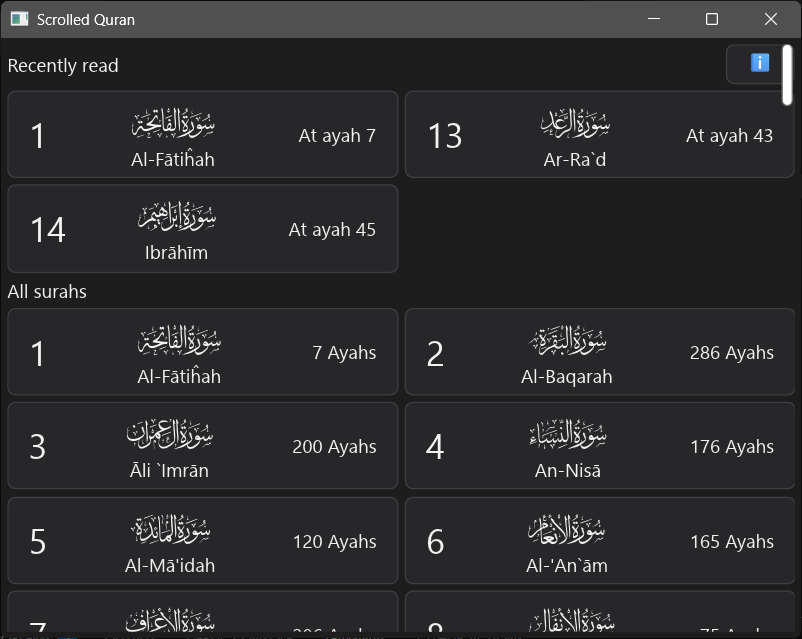 A screenshot of the Scrolled Quran app, showing an index page of recently read surahs