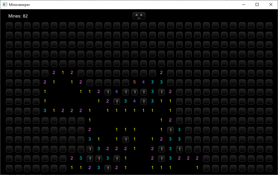 A window titled Minesweeper, with text in the top-left 'Mines: 82', a top-center button with a neutral ASCII emoticon, and a board represented by a grid of buttons 30 wide and 16 tall, where some buttons are replaced with colour labels containing digits, and some buttons contain an exclamation mark.