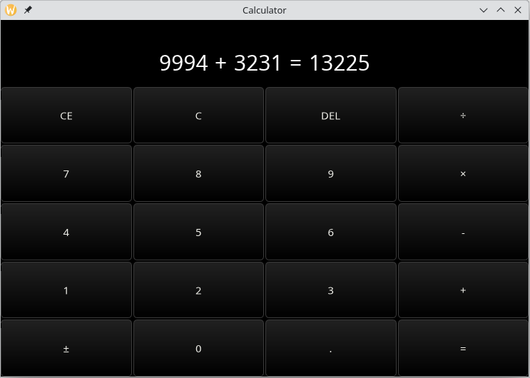 A calculator with display section showing the calculation 9994 + 3231 = 13225. Below this section is a grid of buttons 4 wide and 5 tall, containing the digits 0-9 and some other calculator operations.