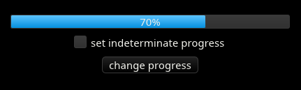 A horizontal progress bar which is 70% filled with blue, with white text overlaid saying 70%. Below this is a checkbox labelled 'set indetermine progress', and a button labelled 'change progress'.