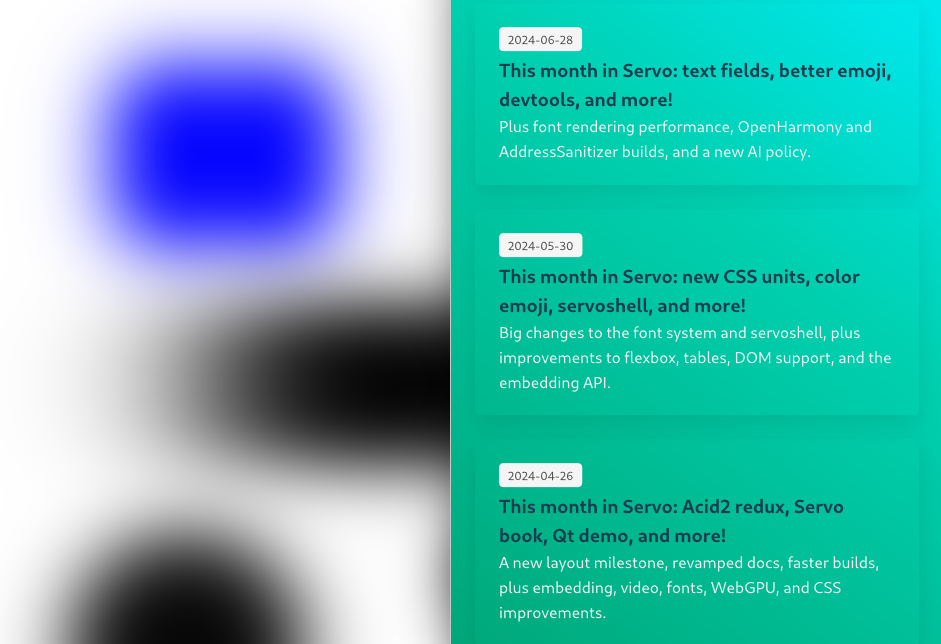 A vertically split image. On the left are three blurred shapes: a blue rectangle with rounded corners, and two black ellipses. The ellipses are partially occluded by the boundaries of the image. On the right is a web page, showing three blog post titles and summaries, each in a box with a black box shadow.