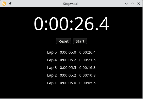 A timer with the value '0:00:26.4' (26.4 seconds) above two buttons, reset and start. Below these are 5 laps, labelled 'lap 5' to 'lap 1', each with a lap time of approximately 5 seconds and a corresponding elapsed time. This is all contained in an OS window titled 'Stopwatch'.